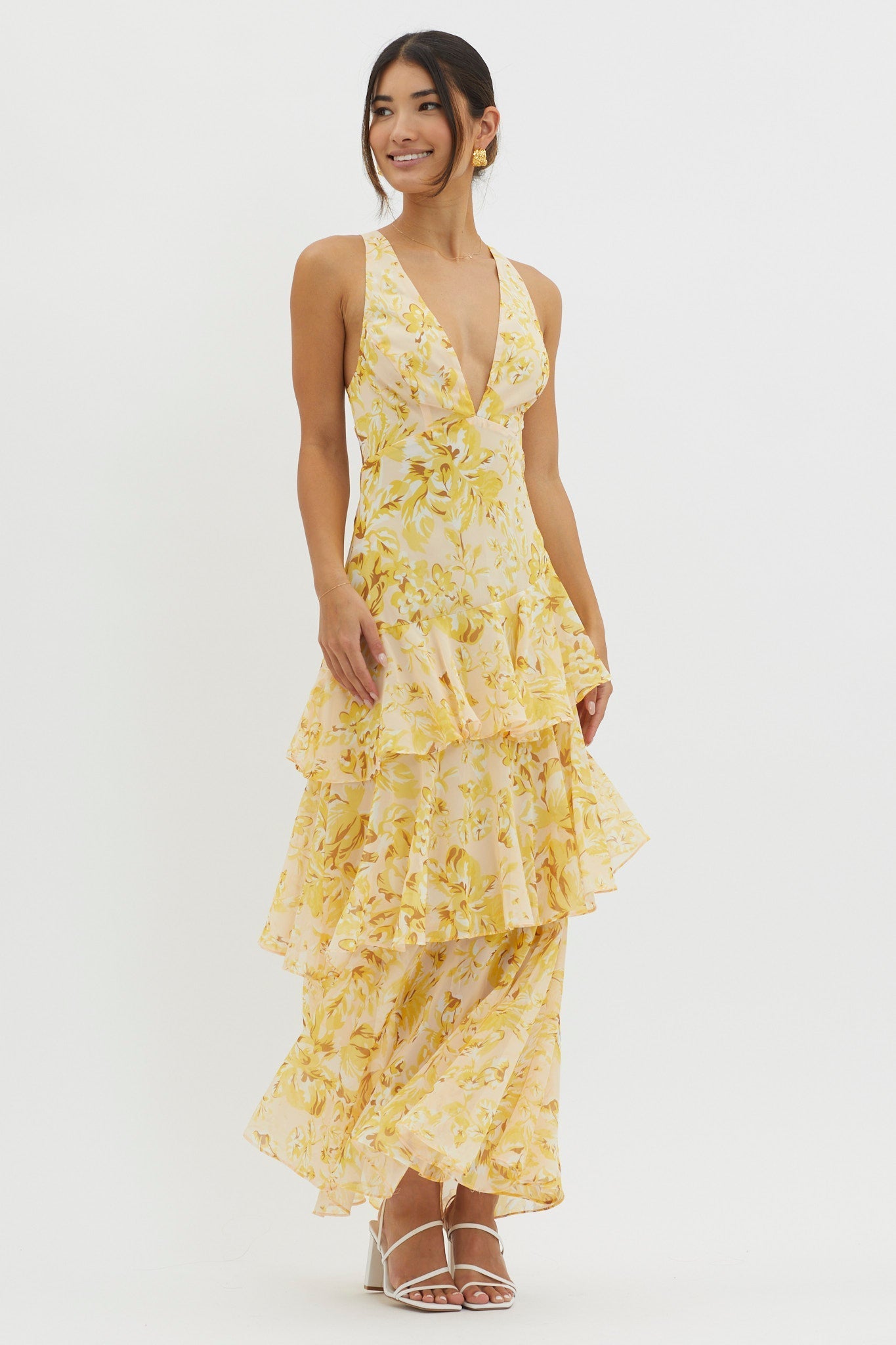 Floral Strappy Back Ruffle Midi Dress