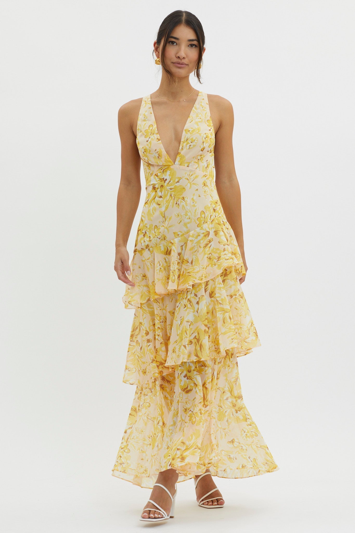 Floral Strappy Back Ruffle Midi Dress