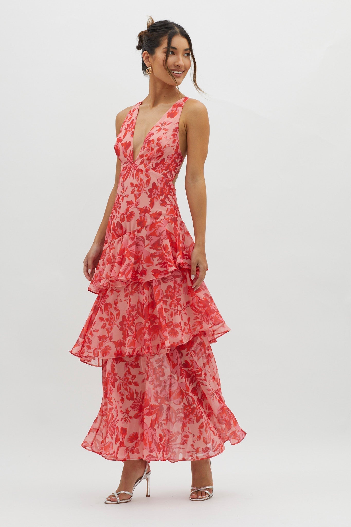 Floral Strappy Back Ruffle Midi Dress