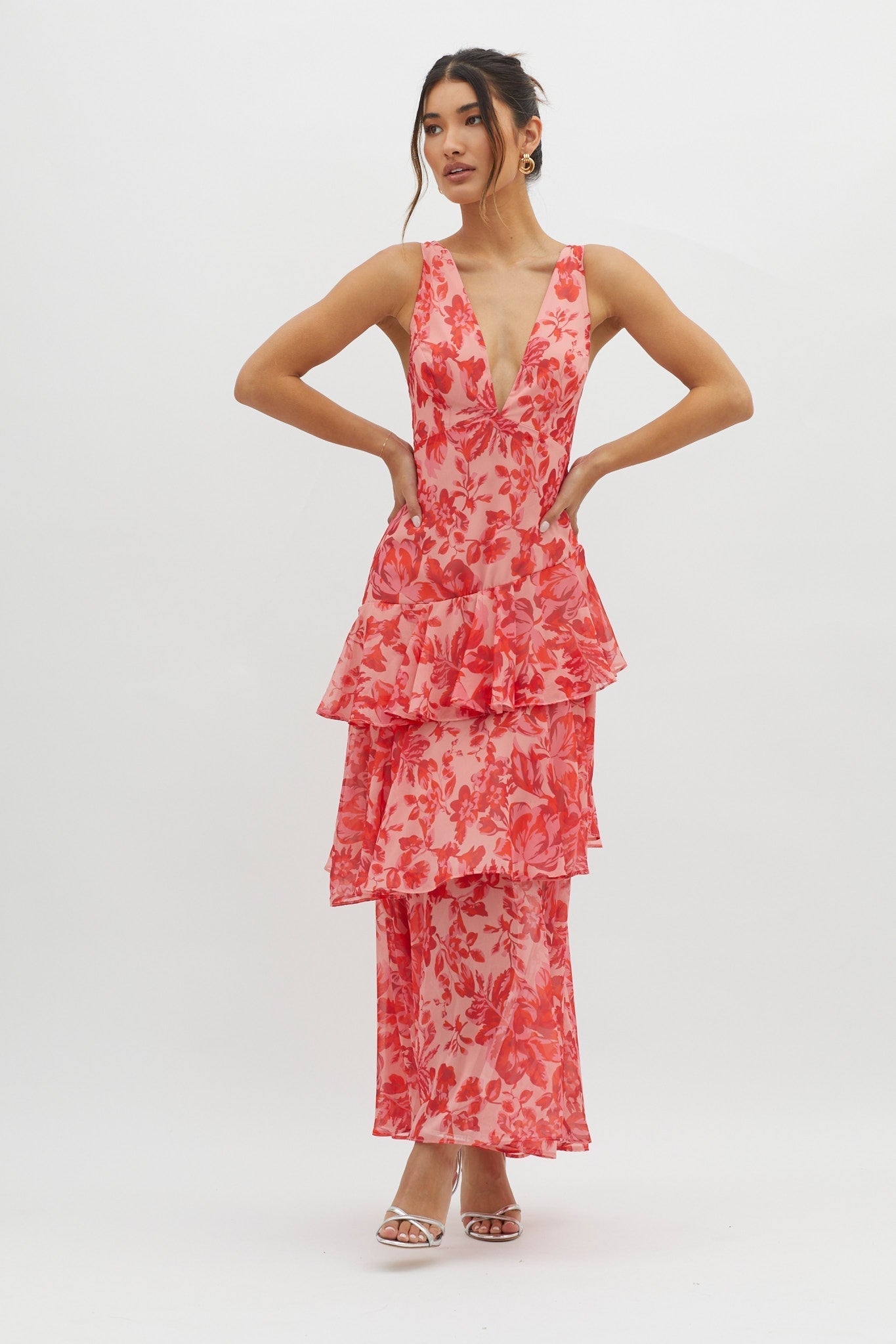 Floral Strappy Back Ruffle Midi Dress