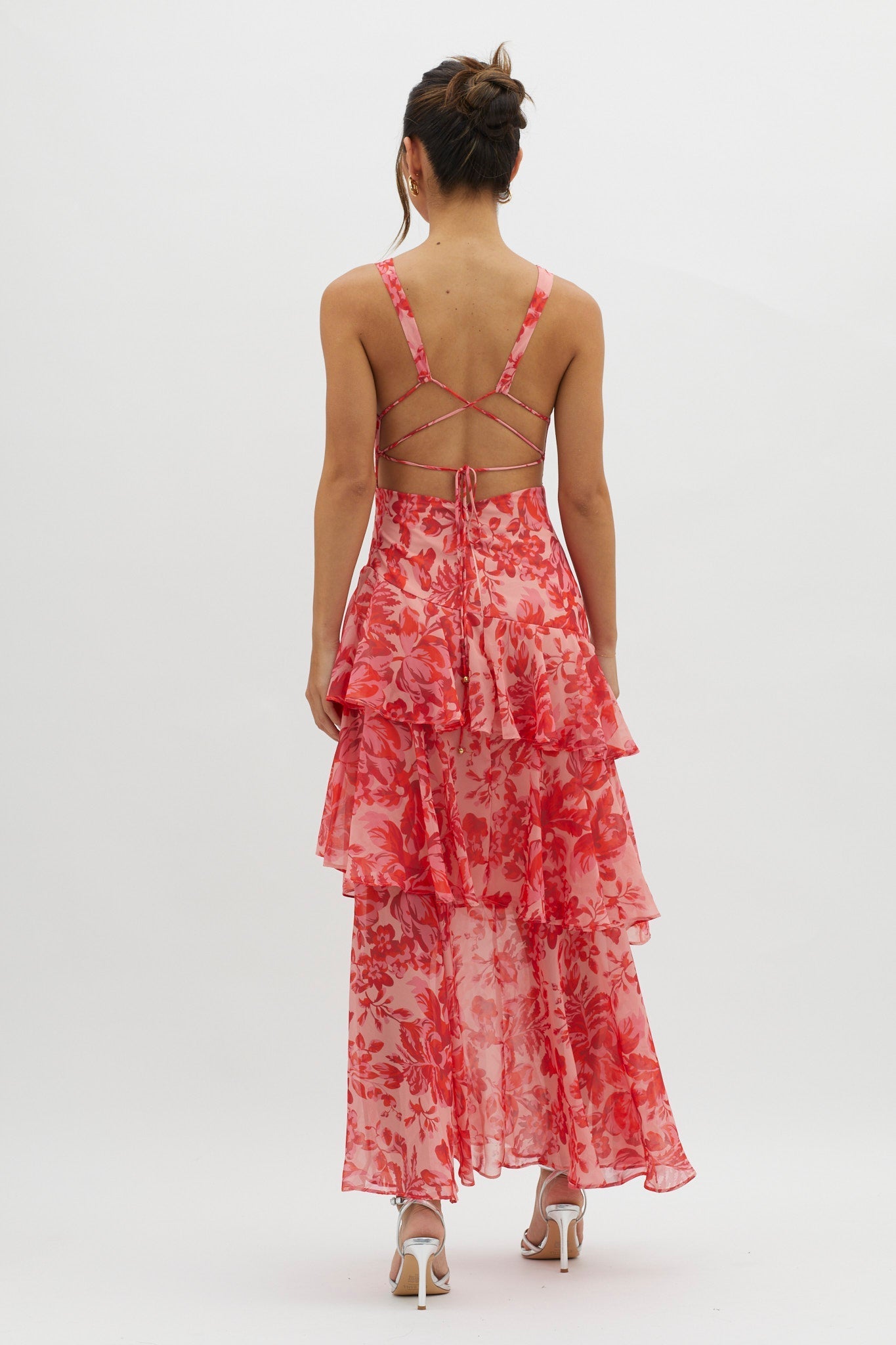 Floral Strappy Back Ruffle Midi Dress