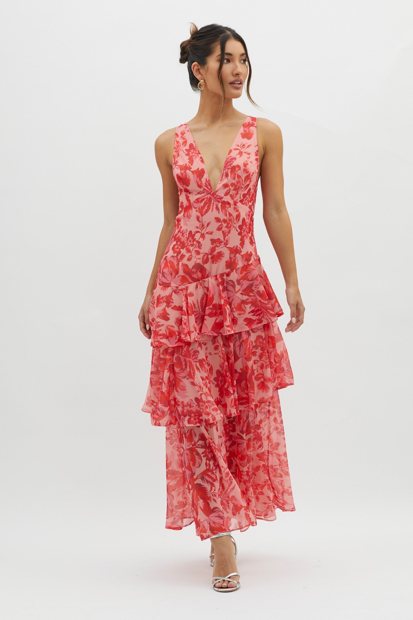 Floral Strappy Back Ruffle Midi Dress