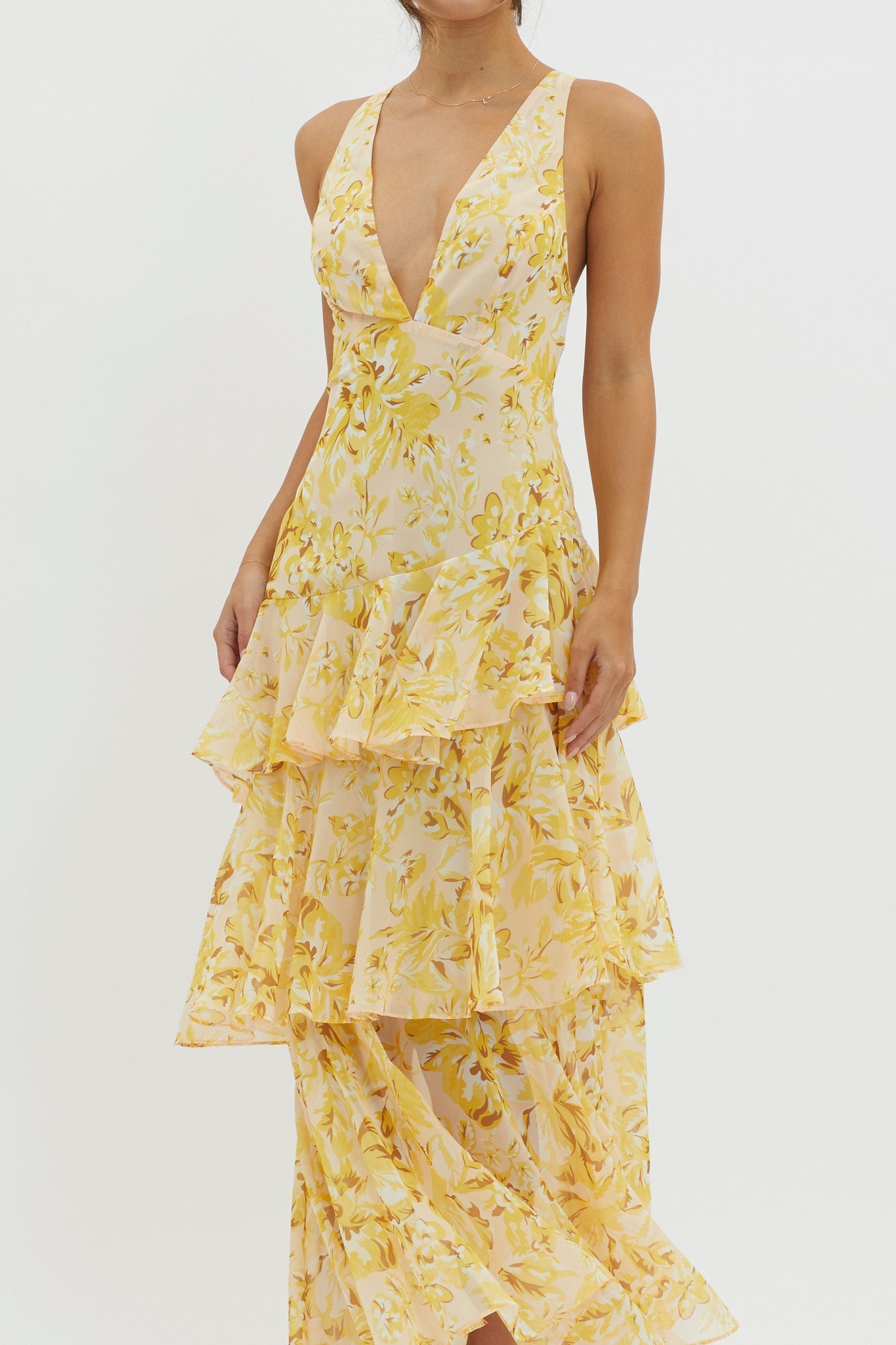 Floral Strappy Back Ruffle Midi Dress