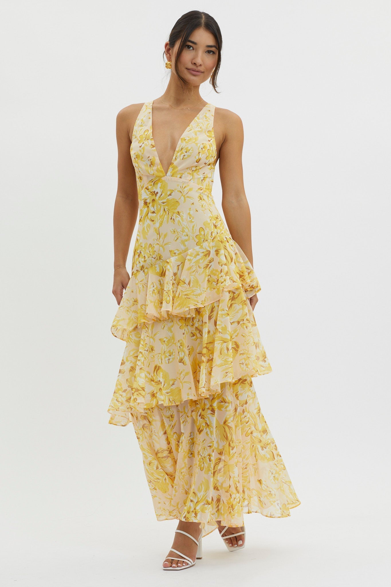 Floral Strappy Back Ruffle Midi Dress
